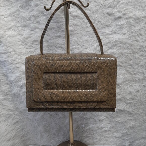 Vintage Beige Snake Skin Frame Top Handle Box Purse Handbag - Picture 2 of 9